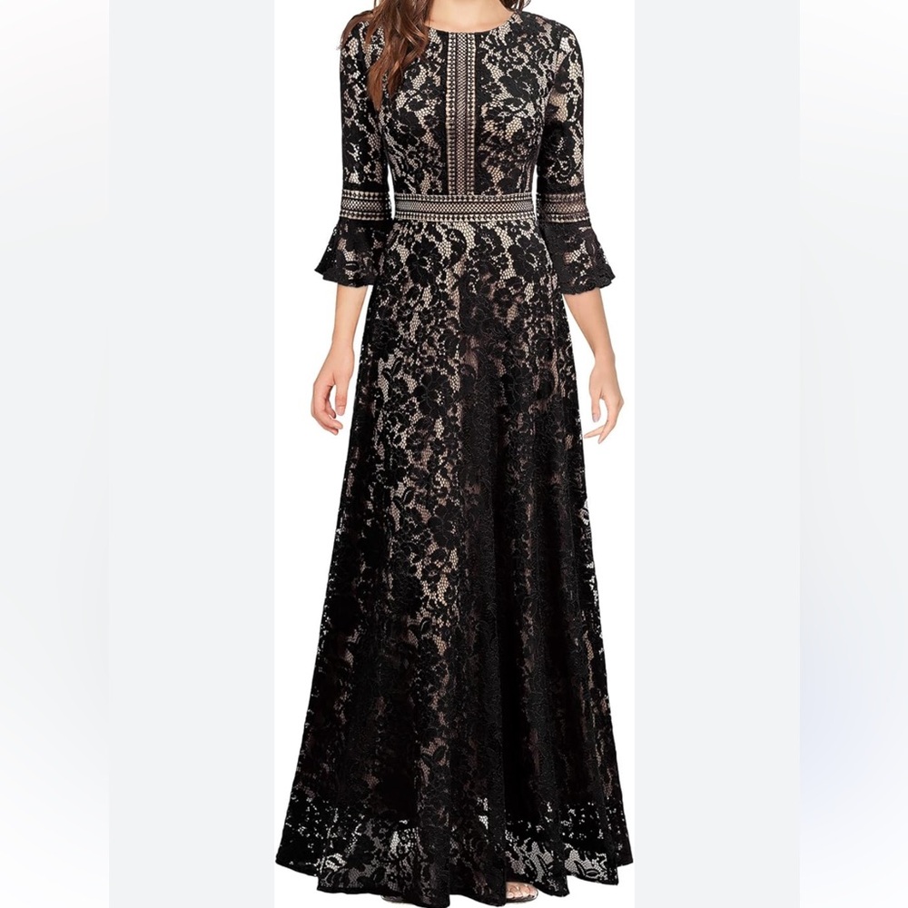 Elegant MISSMAY Women's Formal Floral Lace Bell Sleeve Maxi Dress Size Large